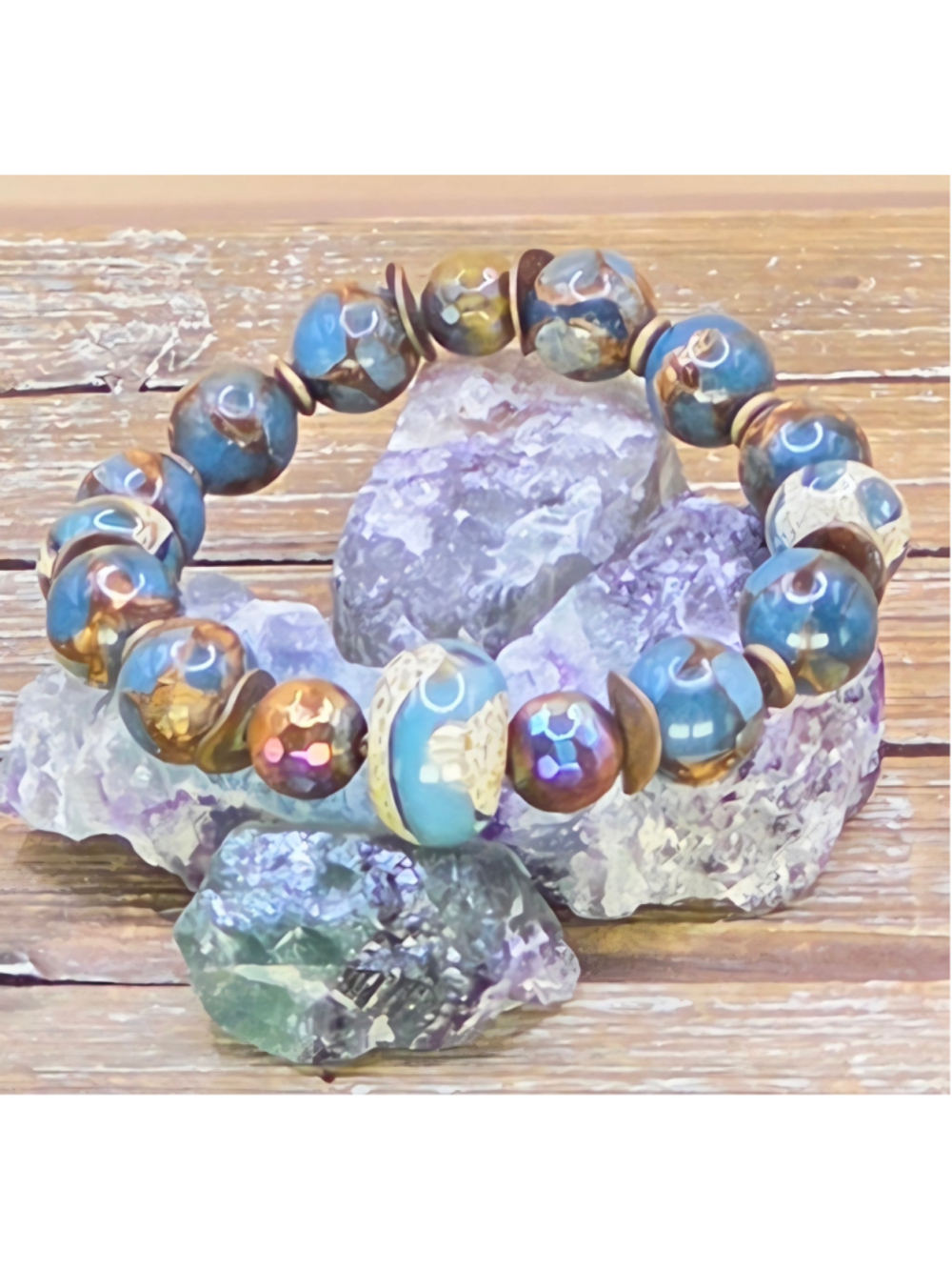 Teal Impression Jasper, Tiger's Eye, Copper and Lampwork Beaded Bracelet